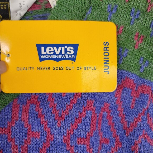 Vintage 80s Levis Juniors V-Neck Knit Sweater Heart Pattern Medium Deadstock New - Picture 4 of 11